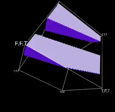 A 5-second looping video showing a spinning 3D wireframe cube.  The cube's corners are labeled with truth tables in the form TTF, TFT, FFF, etc.  The cube is partially filled with solid voxels representing areas where the artificial neuron it's visualizing outputs a value greater than 0.